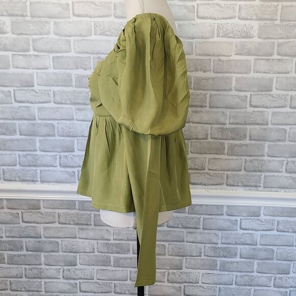 & Merci Green Satin Smocked Long Sleeve Blouse Top Whimseygoth Cottage NEW L - Picture 2 of 8